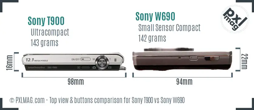 Sony T900 vs Sony W690 top view buttons comparison