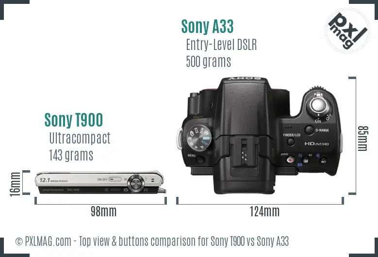 Sony T900 vs Sony A33 top view buttons comparison