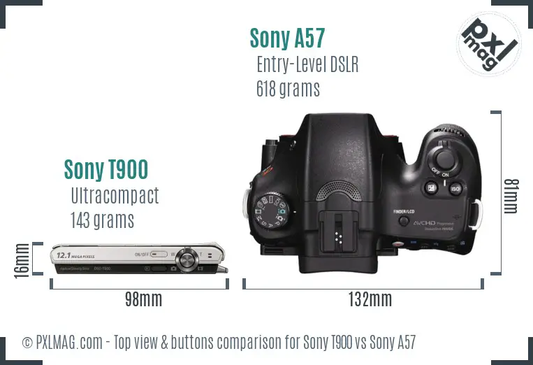 Sony T900 vs Sony A57 top view buttons comparison