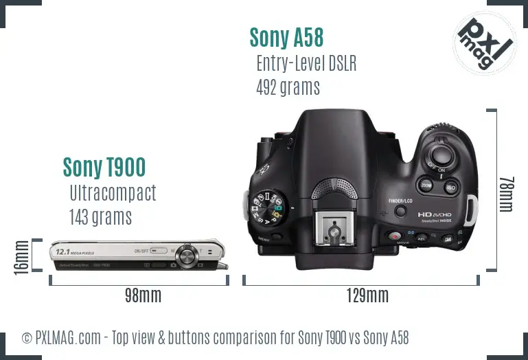 Sony T900 vs Sony A58 top view buttons comparison