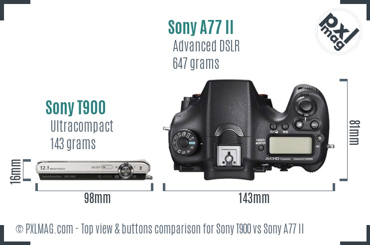 Sony T900 vs Sony A77 II top view buttons comparison