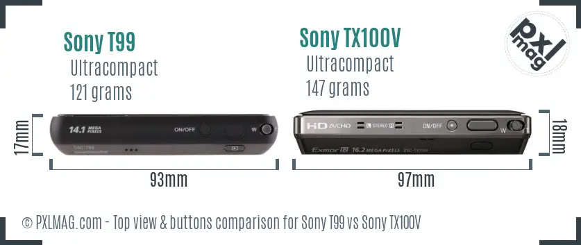 Sony T99 vs Sony TX100V top view buttons comparison