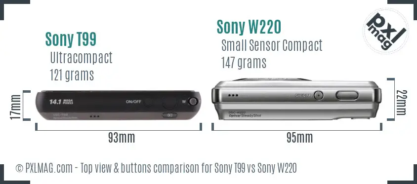 Sony T99 vs Sony W220 top view buttons comparison