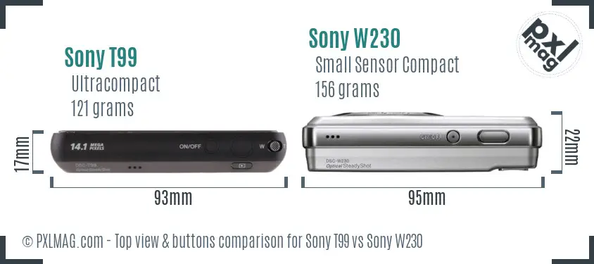 Sony T99 vs Sony W230 top view buttons comparison