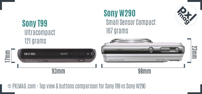 Sony T99 vs Sony W290 top view buttons comparison