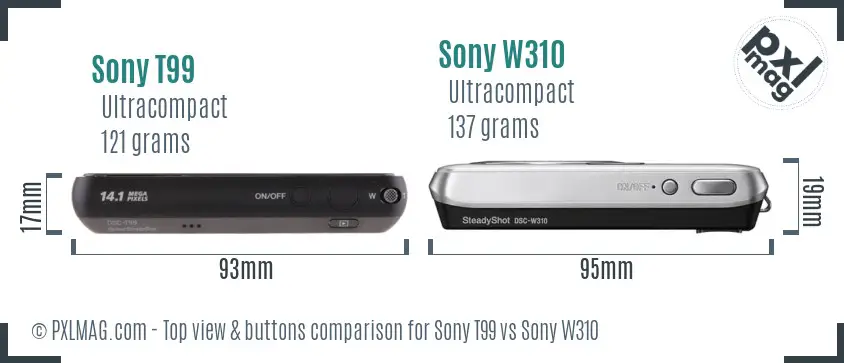 Sony T99 vs Sony W310 top view buttons comparison