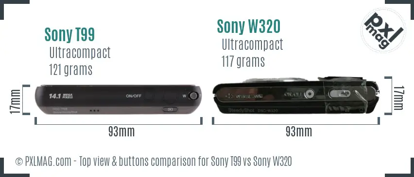 Sony T99 vs Sony W320 top view buttons comparison