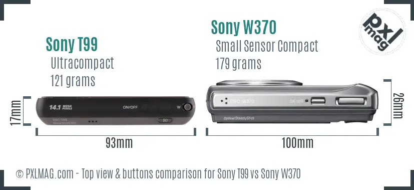 Sony T99 vs Sony W370 top view buttons comparison