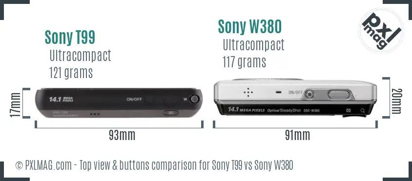 Sony T99 vs Sony W380 top view buttons comparison