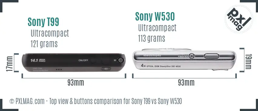 Sony T99 vs Sony W530 top view buttons comparison