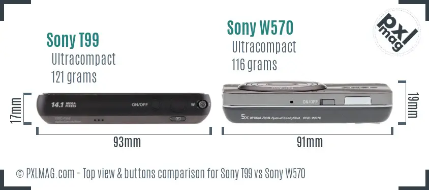 Sony T99 vs Sony W570 top view buttons comparison