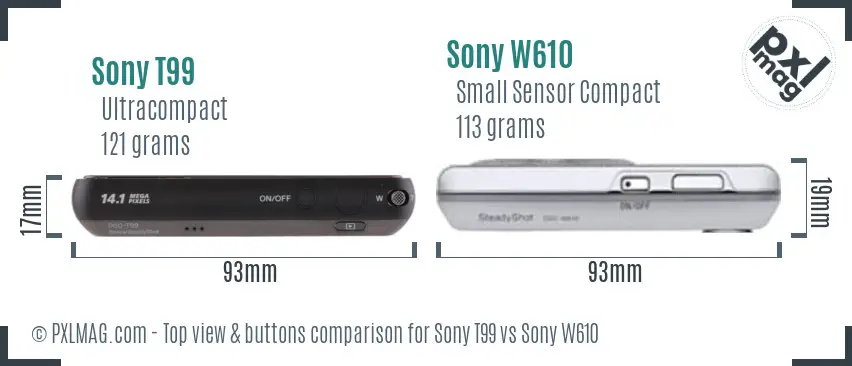 Sony T99 vs Sony W610 top view buttons comparison
