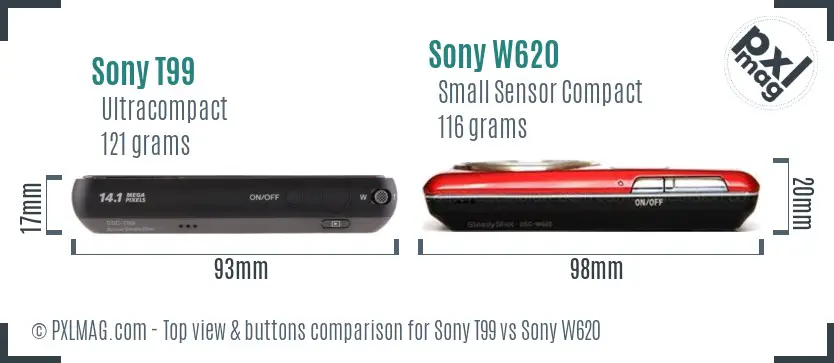 Sony T99 vs Sony W620 top view buttons comparison