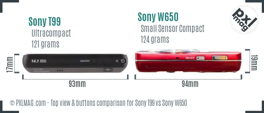 Sony T99 vs Sony W650 top view buttons comparison