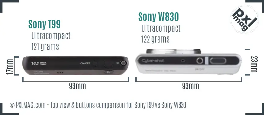 Sony T99 vs Sony W830 top view buttons comparison