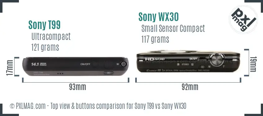 Sony T99 vs Sony WX30 top view buttons comparison