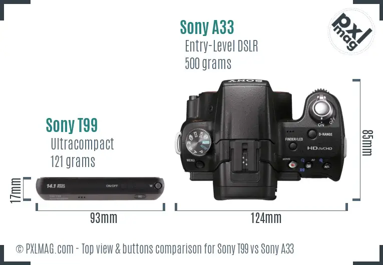 Sony T99 vs Sony A33 top view buttons comparison
