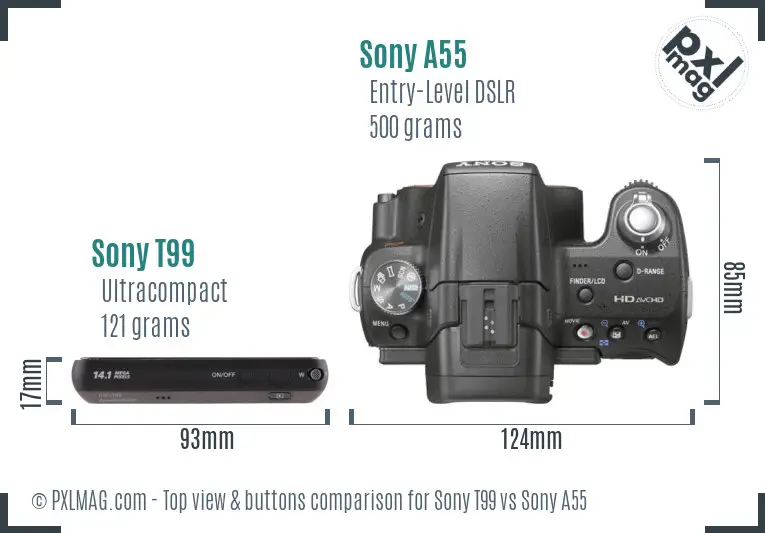 Sony T99 vs Sony A55 top view buttons comparison