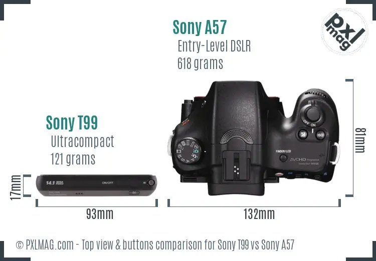 Sony T99 vs Sony A57 top view buttons comparison