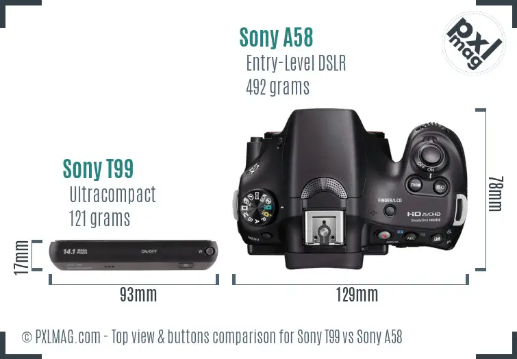 Sony T99 vs Sony A58 top view buttons comparison