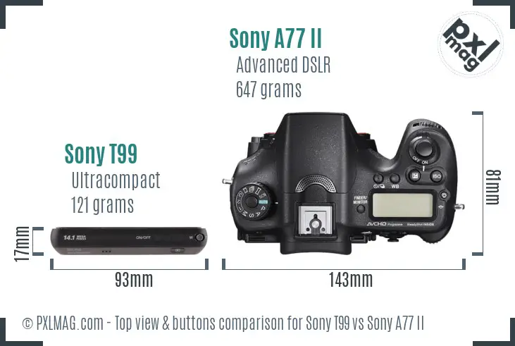 Sony T99 vs Sony A77 II top view buttons comparison