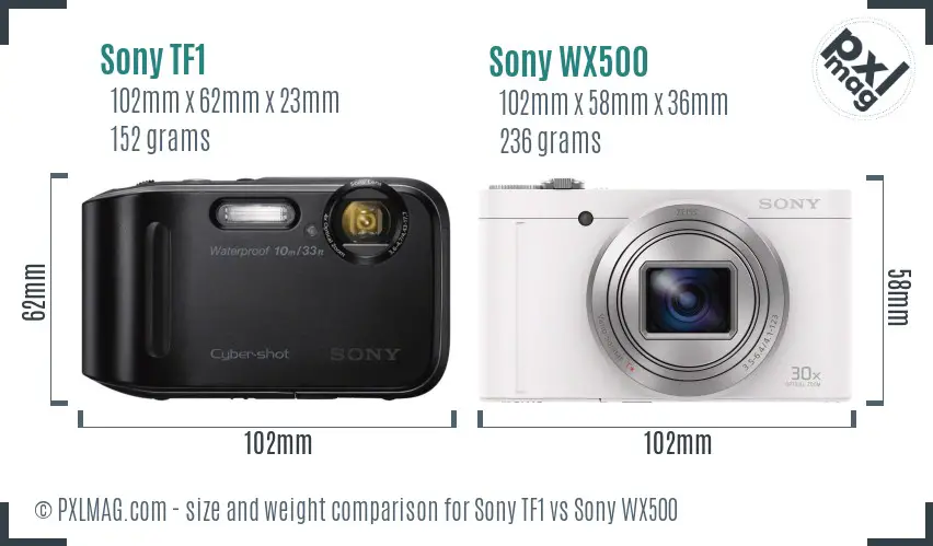 Sony TF1 vs Sony WX500 size comparison
