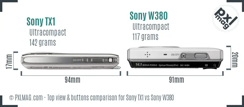 Sony TX1 vs Sony W380 top view buttons comparison