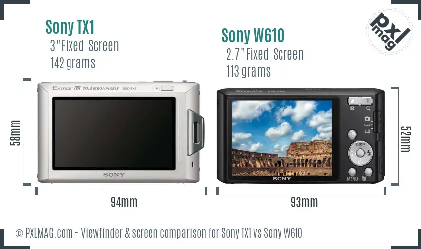 Sony TX1 vs Sony W610 Screen and Viewfinder comparison