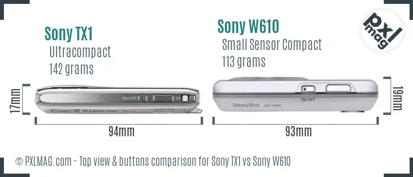 Sony TX1 vs Sony W610 top view buttons comparison