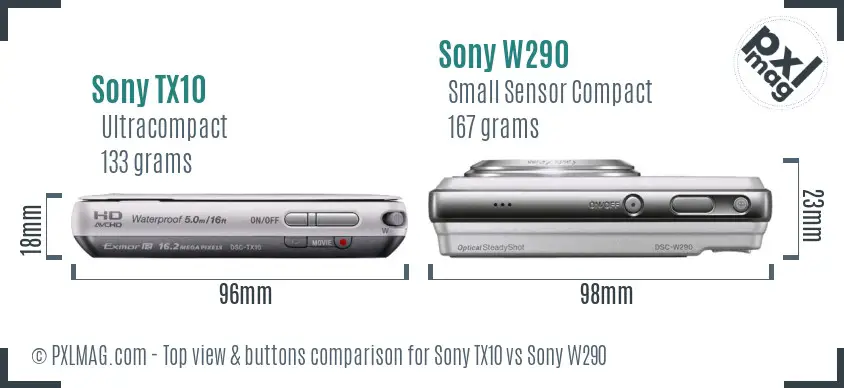 Sony TX10 vs Sony W290 top view buttons comparison