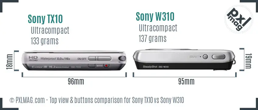 Sony TX10 vs Sony W310 top view buttons comparison