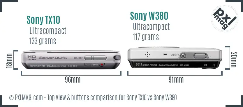 Sony TX10 vs Sony W380 top view buttons comparison