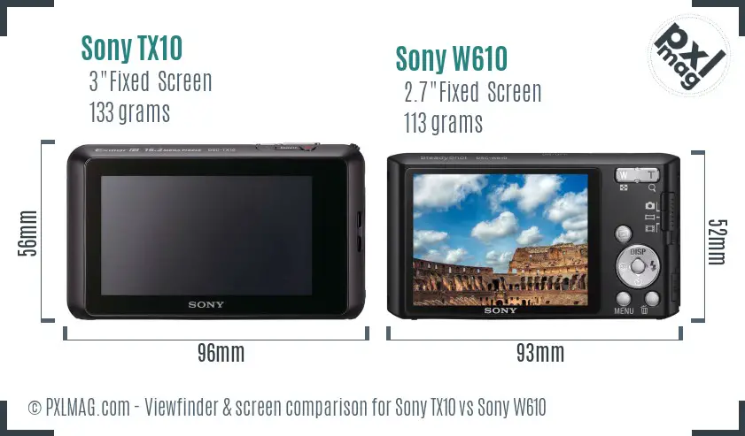 Sony TX10 vs Sony W610 Screen and Viewfinder comparison