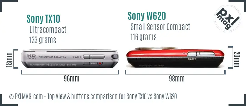 Sony TX10 vs Sony W620 top view buttons comparison