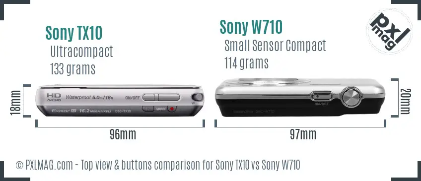 Sony TX10 vs Sony W710 top view buttons comparison