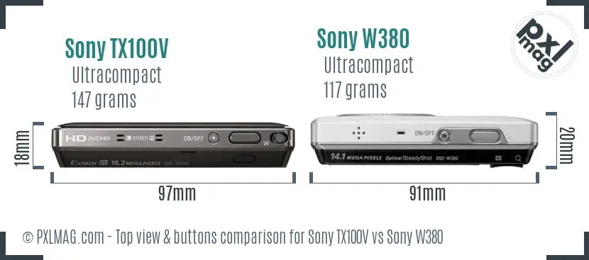 Sony TX100V vs Sony W380 top view buttons comparison