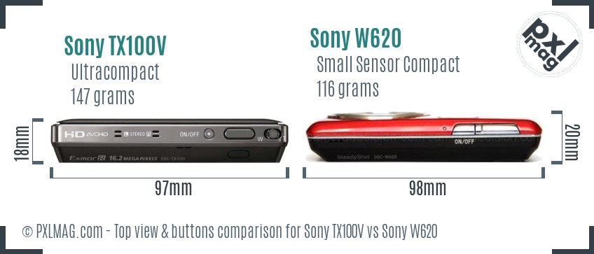 Sony TX100V vs Sony W620 top view buttons comparison