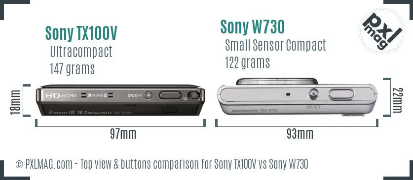 Sony TX100V vs Sony W730 top view buttons comparison