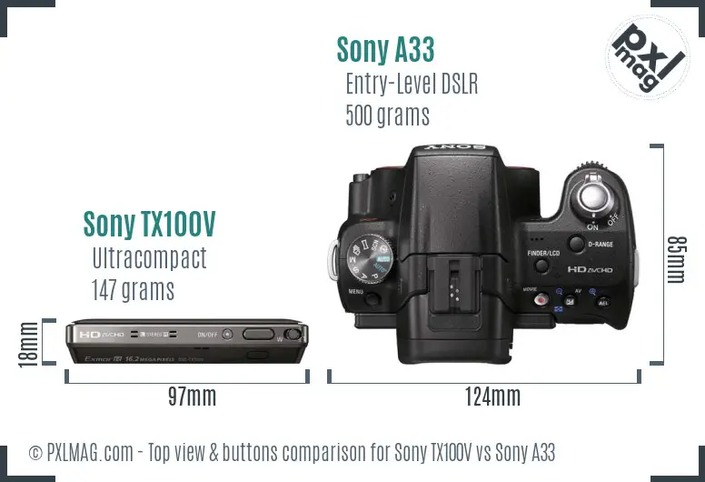 Sony TX100V vs Sony A33 top view buttons comparison