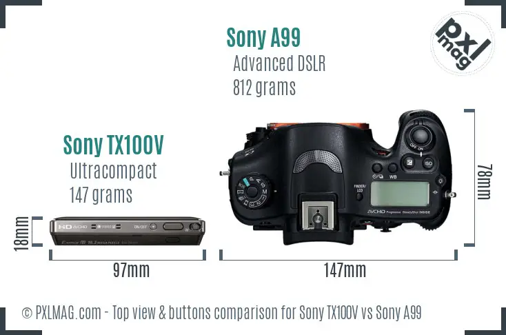 Sony TX100V vs Sony A99 top view buttons comparison