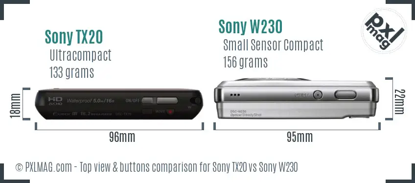 Sony TX20 vs Sony W230 top view buttons comparison