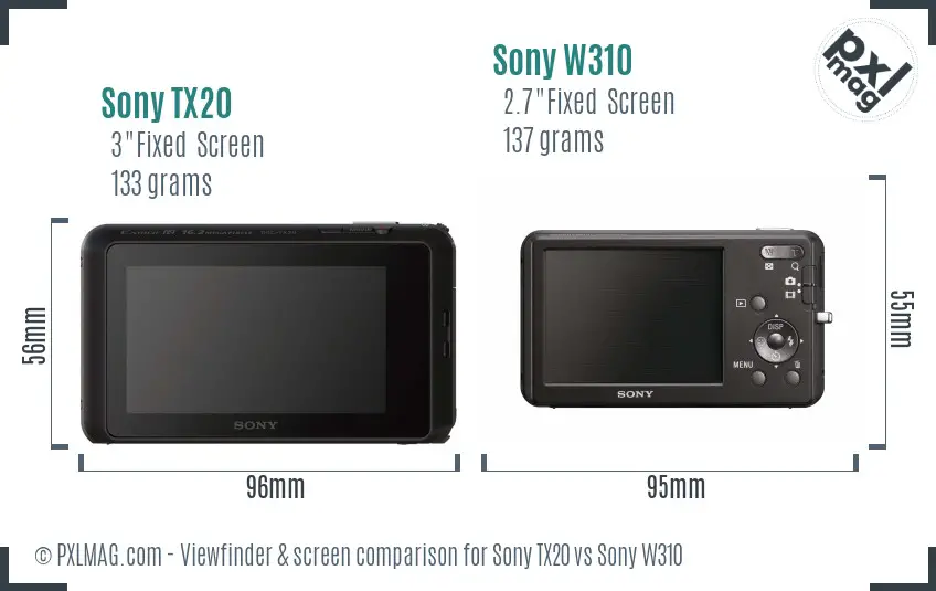 Sony TX20 vs Sony W310 Screen and Viewfinder comparison
