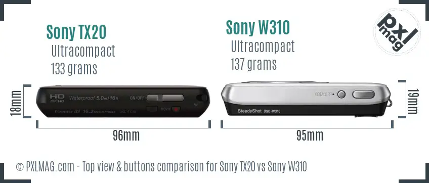 Sony TX20 vs Sony W310 top view buttons comparison