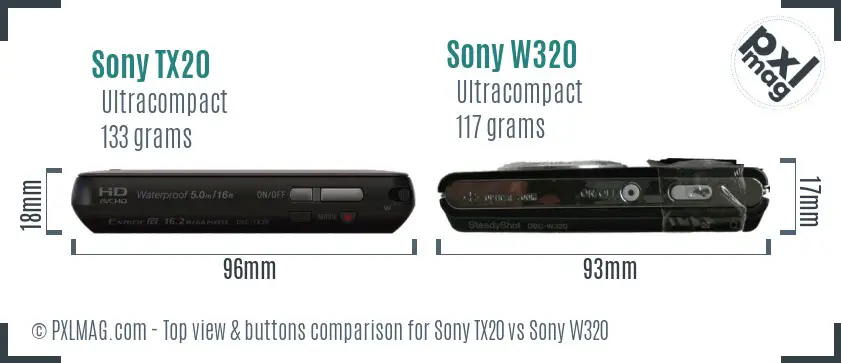 Sony TX20 vs Sony W320 top view buttons comparison