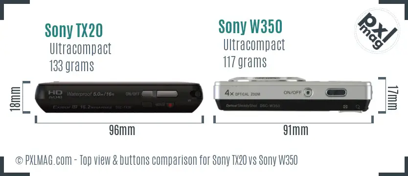 Sony TX20 vs Sony W350 top view buttons comparison