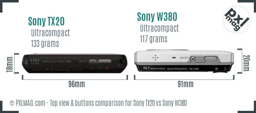 Sony TX20 vs Sony W380 top view buttons comparison