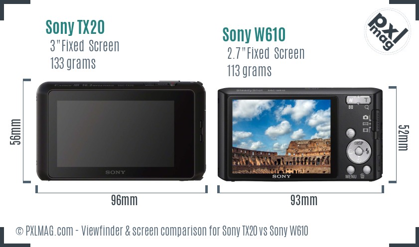 Sony TX20 vs Sony W610 Screen and Viewfinder comparison