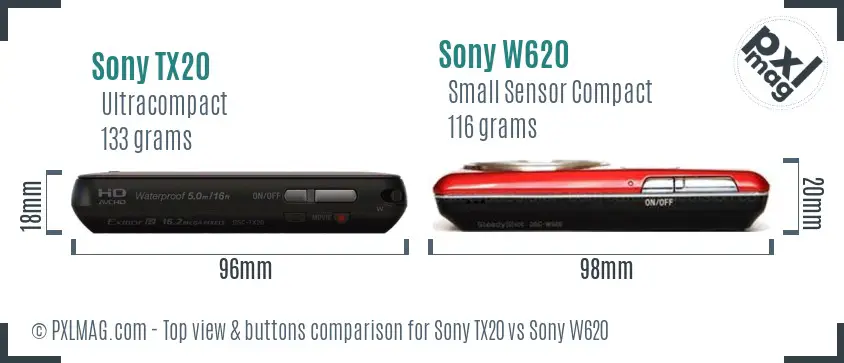 Sony TX20 vs Sony W620 top view buttons comparison