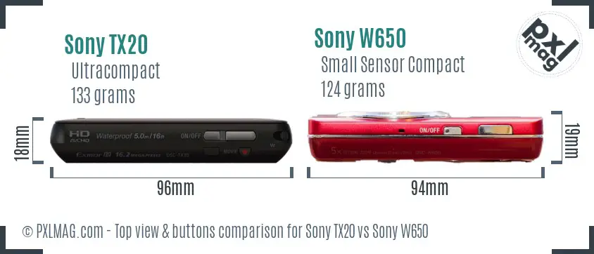 Sony TX20 vs Sony W650 top view buttons comparison