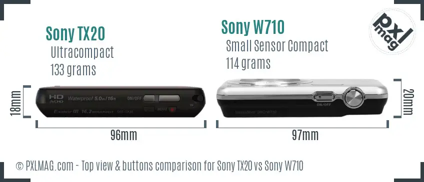 Sony TX20 vs Sony W710 top view buttons comparison